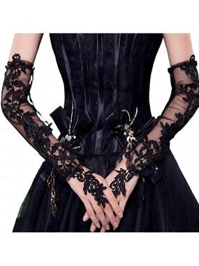 Women's Long Lace Fingerless Gloves Sheer Mesh Tulle Bridal Wedding Prom